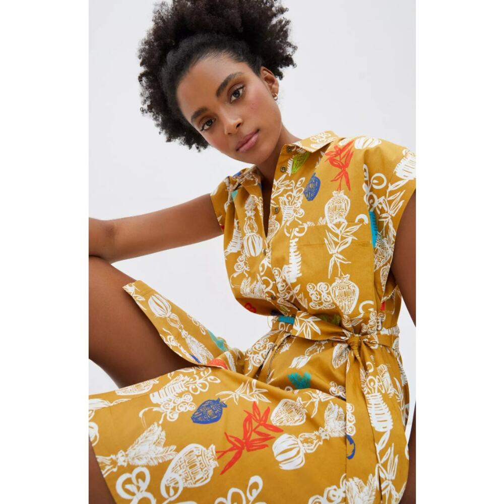 Anthropologie Maeve Toni Tunic Dress‎ Gold Pockets Tie Waist Size Large Petite - Picture 2 of 12